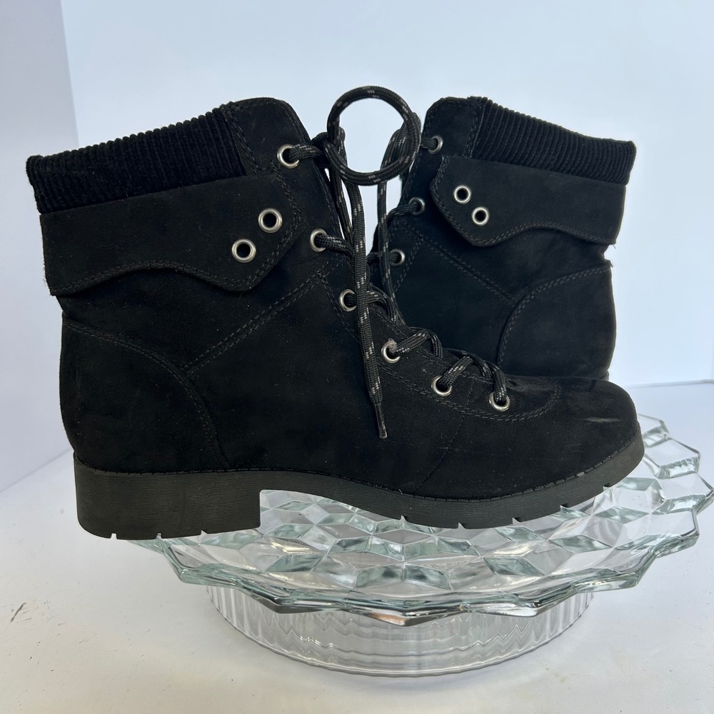Black Suede‎ Ankle Boots Lace Up Lug Sole Comfort Casual Fall Winter